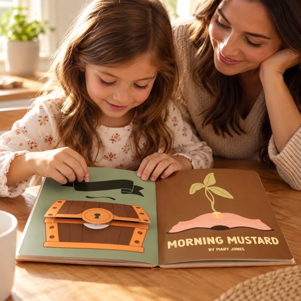 A mother and daughter reading Morning Mustard together